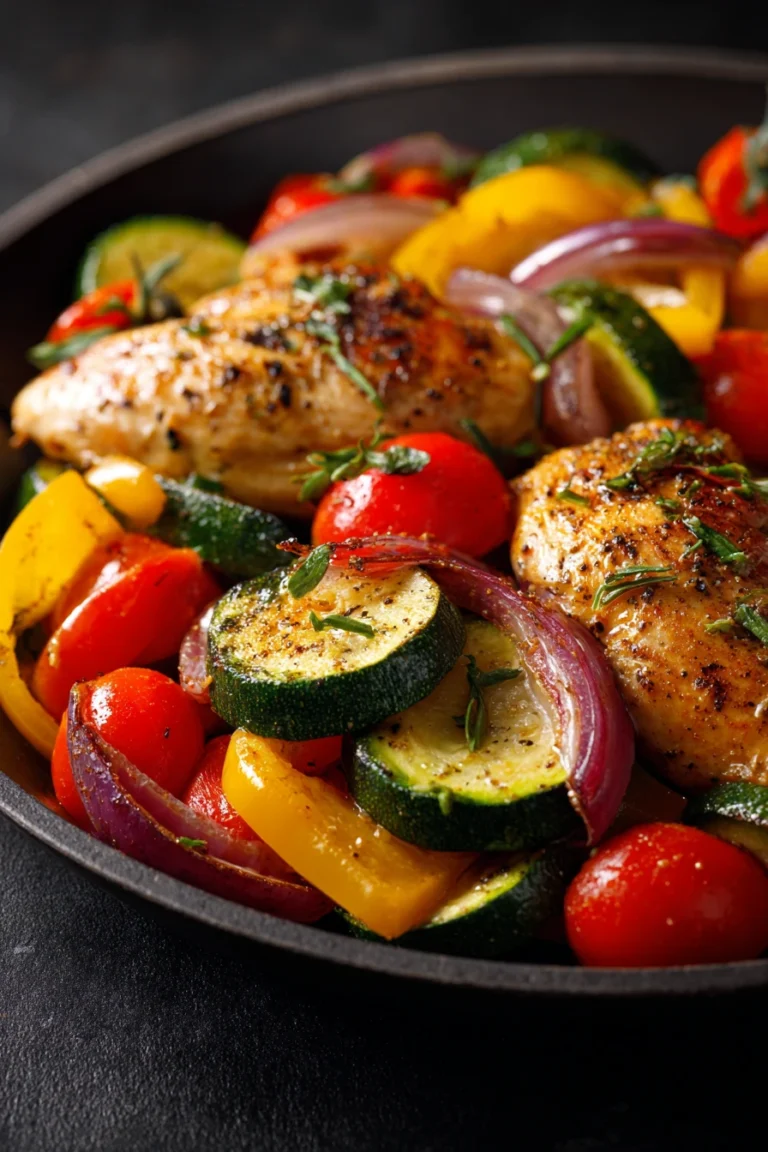 Close-up of a one pan chicken and veggies dish with bright colors and clean presentation