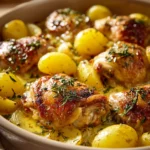 Close-up of a one-pot buttermilk chicken and potatoes casserole with golden crust