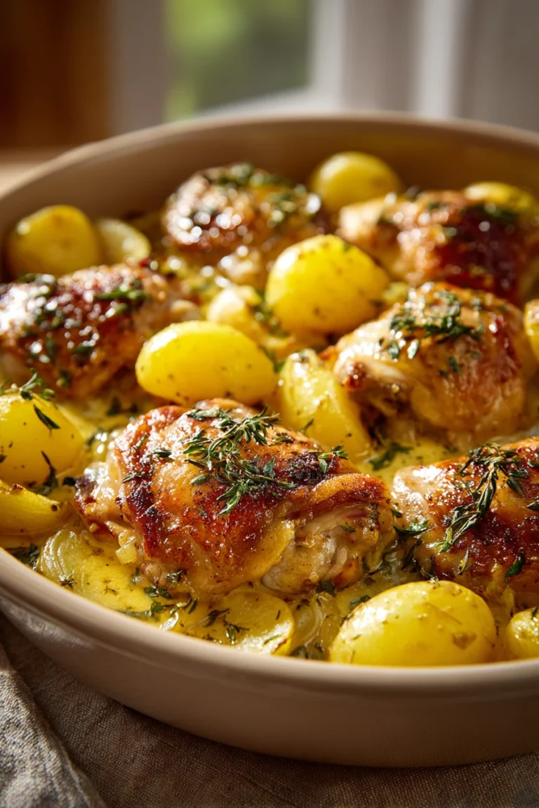 Close-up of a one-pot buttermilk chicken and potatoes casserole with golden crust