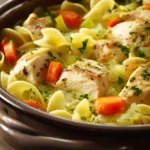Close-up of one pot chicken and noodles with a creamy sauce, garnished with herbs.