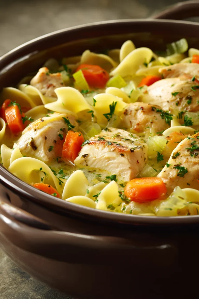 Close-up of one pot chicken and noodles with a creamy sauce, garnished with herbs.
