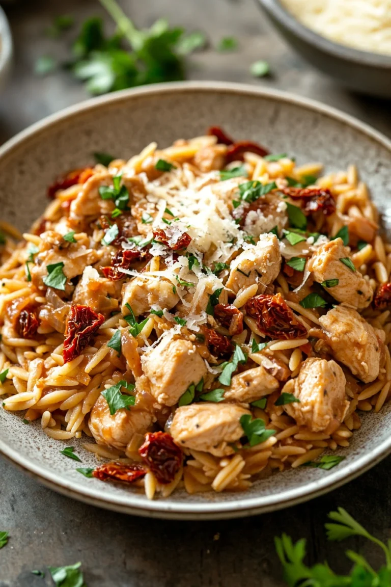 Close-up of one pot chicken orzo with sundried tomatoes in a creamy sauce