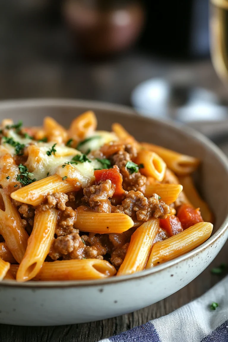 Close-up of creamy beef pasta with visible textures and bright natural lighting