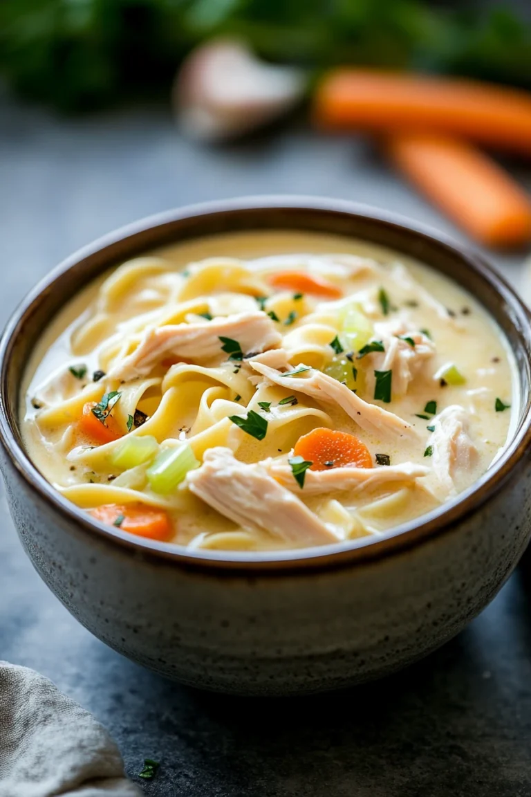 Close-up of a creamy chicken noodle soup with visible noodles and chicken pieces in a warm, inviting setting.