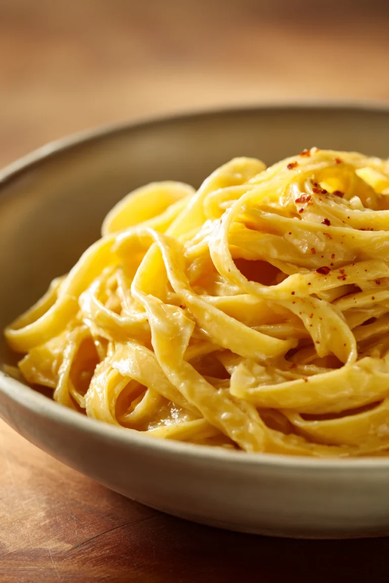 Close-up of creamy garlic pasta with cheese and herbs in a white bowl