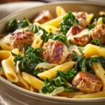 Close-up of one pot Italian sausage and kale pasta with creamy sauce