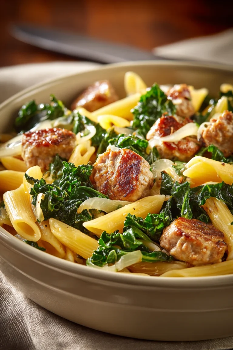 Close-up of one pot Italian sausage and kale pasta with creamy sauce