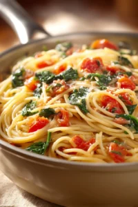 Close-up of one pot pasta with creamy sauce and herbs, perfect for a quick meal.