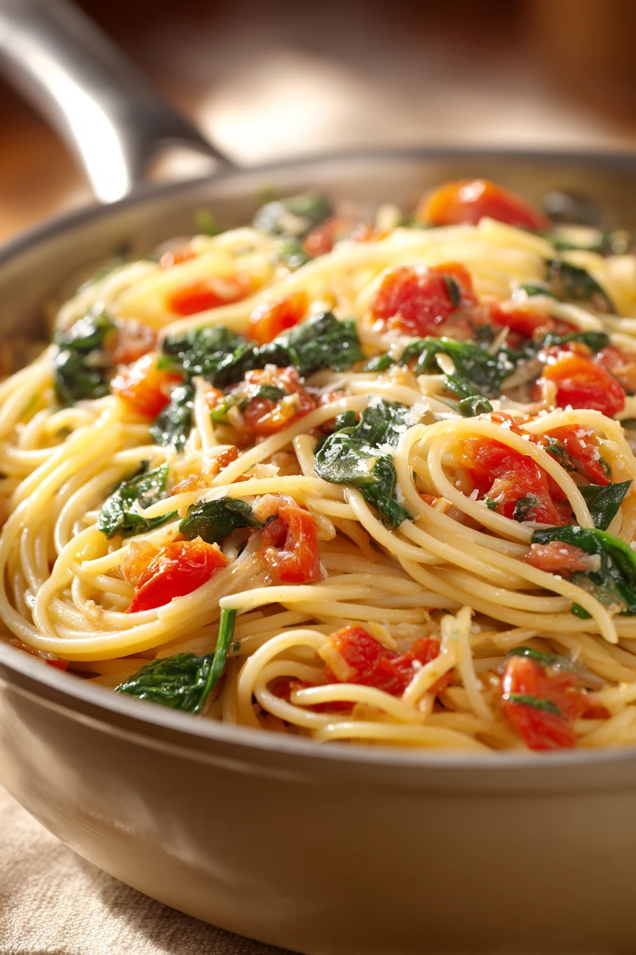 Close-up of one pot pasta with creamy sauce and herbs, perfect for a quick meal.