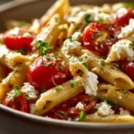 Close-up of one pot pasta with feta cheese, garnished with herbs, in bright natural light.