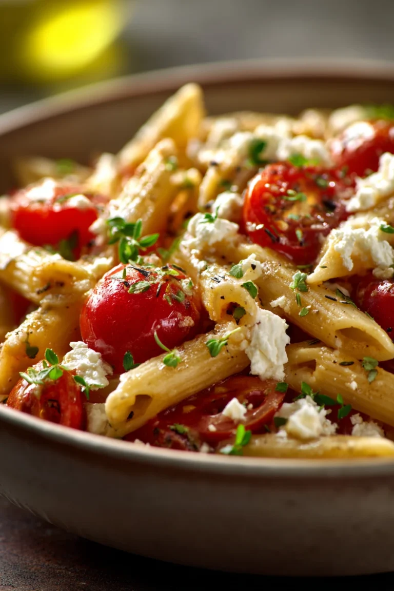 Close-up of one pot pasta with feta cheese, garnished with herbs, in bright natural light.