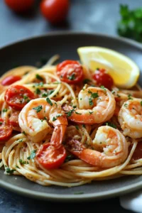 Close-up of one pot pasta with garnelen in a creamy sauce, garnished with herbs.