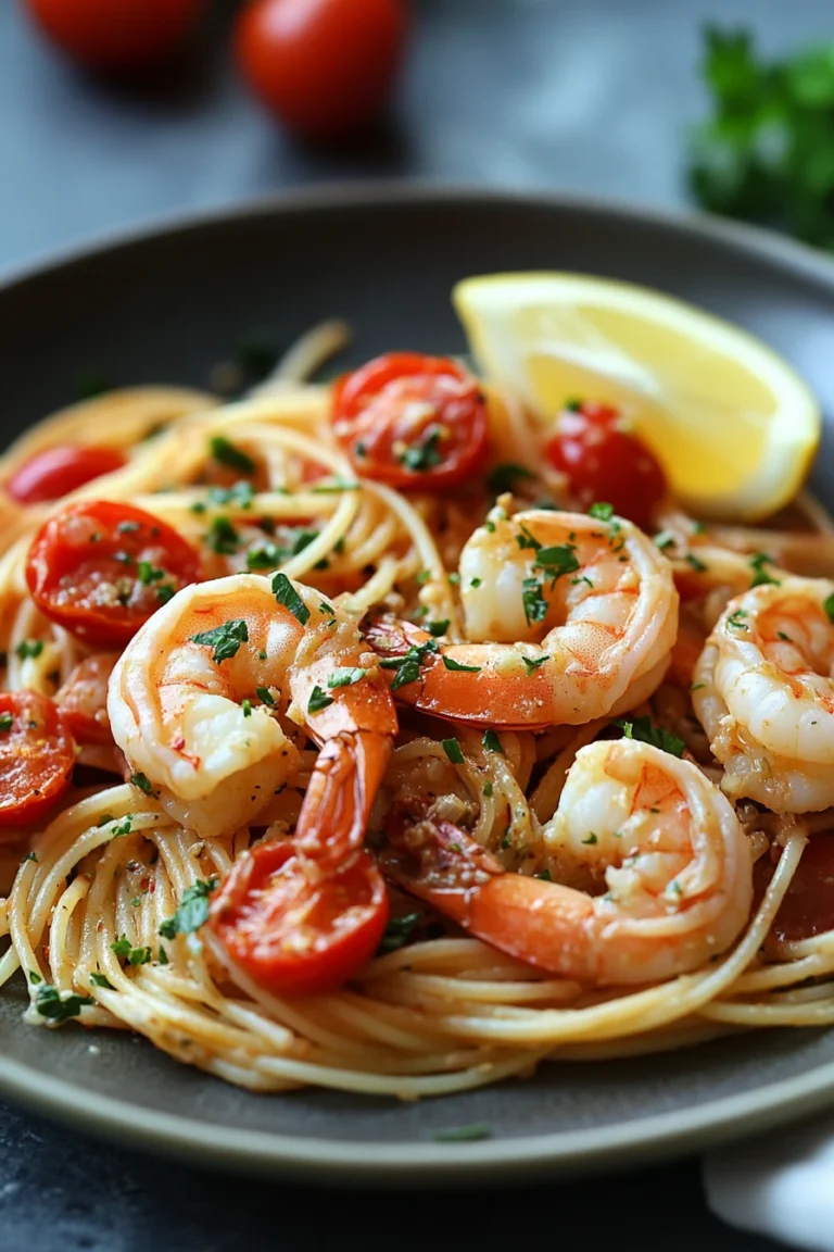 Close-up of one pot pasta with garnelen in a creamy sauce, garnished with herbs.
