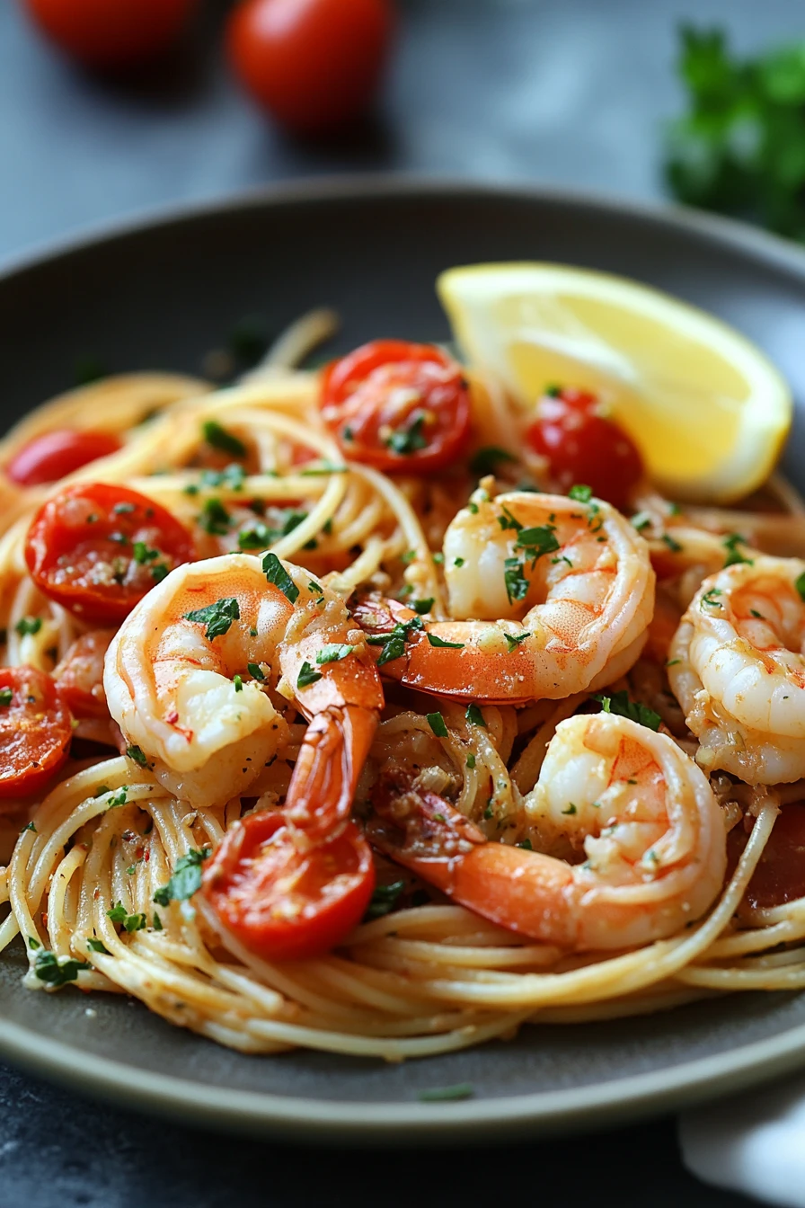 Close-up of one pot pasta with garnelen in a creamy sauce, garnished with herbs.