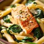 Close-up of one pot pasta with creamy sauce, spinach, and salmon