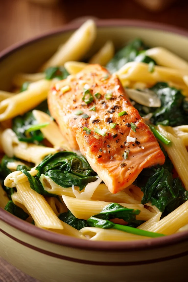 Close-up of one pot pasta with creamy sauce, spinach, and salmon