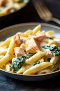 Close-up of creamy pasta with spinach in a white dish, garnished with herbs