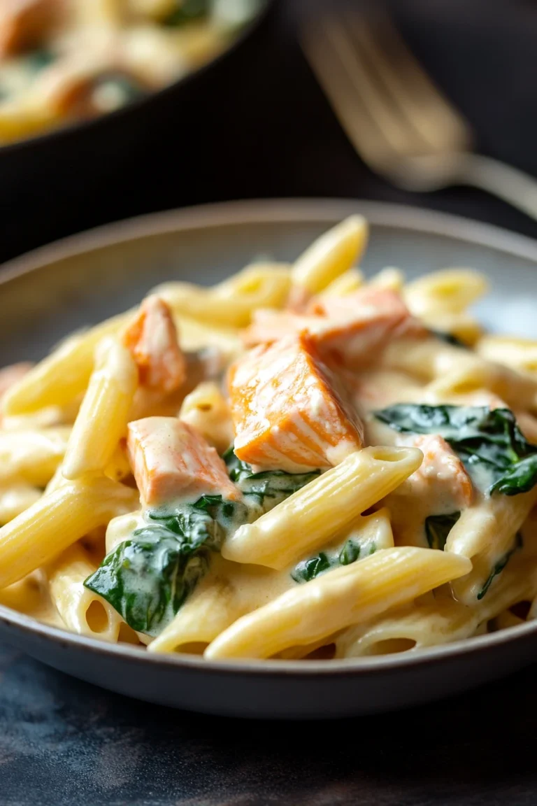 Close-up of creamy pasta with spinach in a white dish, garnished with herbs