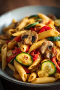 Close-up of one pot pasta with vegetables and creamy sauce on a white plate