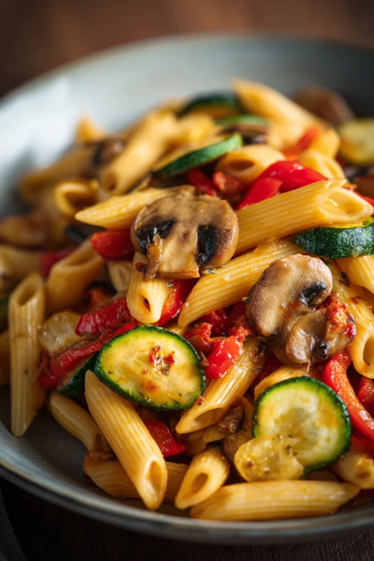 Close-up of one pot pasta with vegetables and creamy sauce on a white plate
