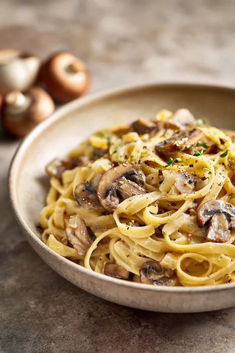 Close-up of one pot pasta with mushrooms in a creamy sauce, garnished with herbs.