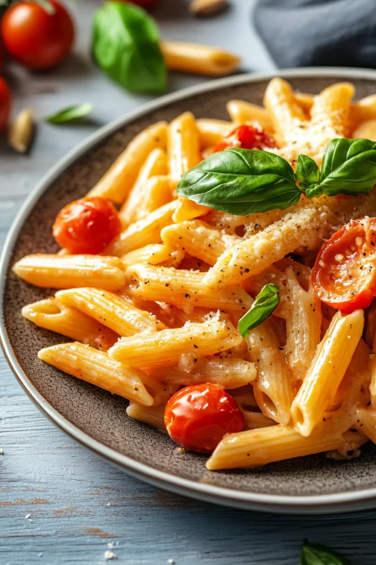 Close-up of one pot pasta with schafskse and tomatoes, garnished with herbs.