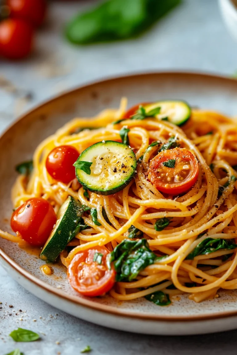 Close-up of creamy vegan pasta in a white bowl with herbs