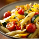 Close-up of one pot pasta with vegetables and herbs in a bright setting