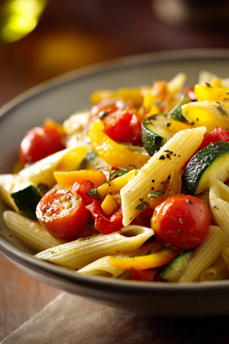 Close-up of one pot pasta with vegetables and herbs in a bright setting