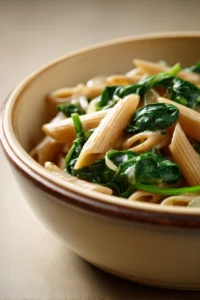 Close-up of one pot pasta with spinach in a bright, clean setting