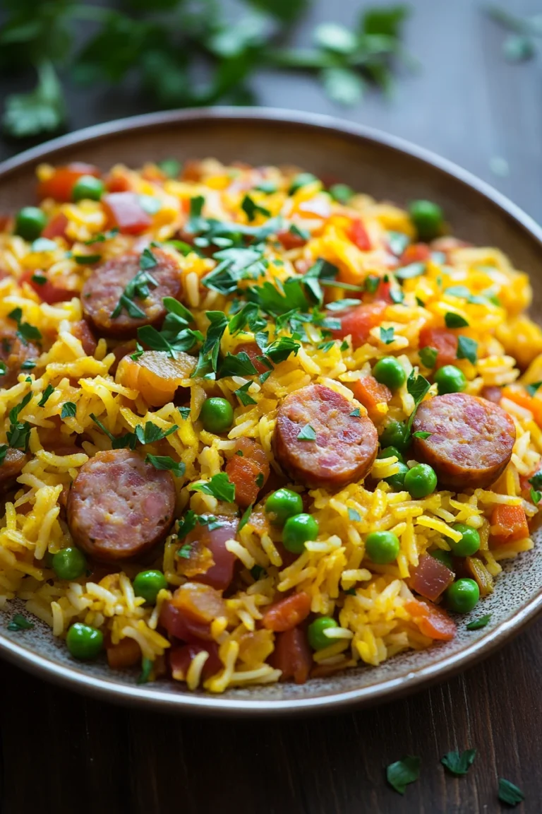 Close-up of one pot sausage and yellow rice with vibrant colors and textures