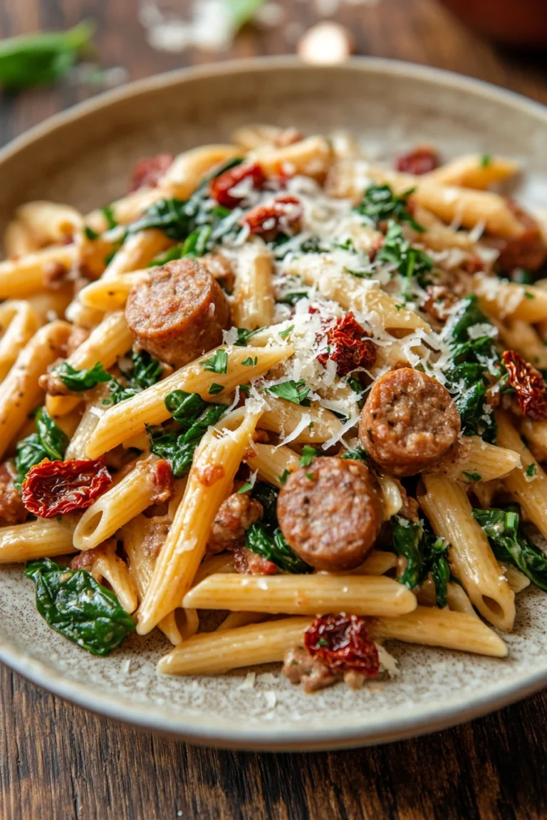 Close-up of one pot Tuscan sausage pasta with creamy sauce and herbs