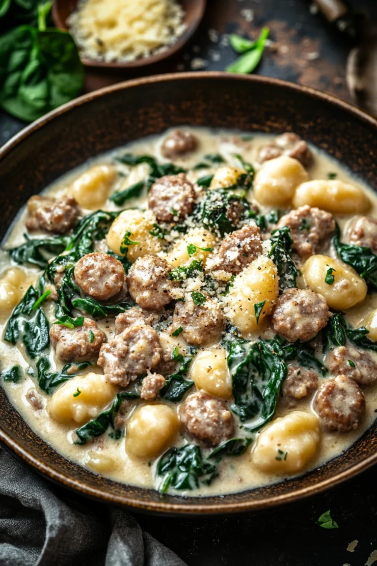 Close-up of one skillet creamy gnocchi with sausage and spinach, garnished with herbs.
