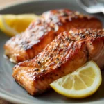 Close-up of pan-fried sockeye salmon with crispy skin and a clean background.
