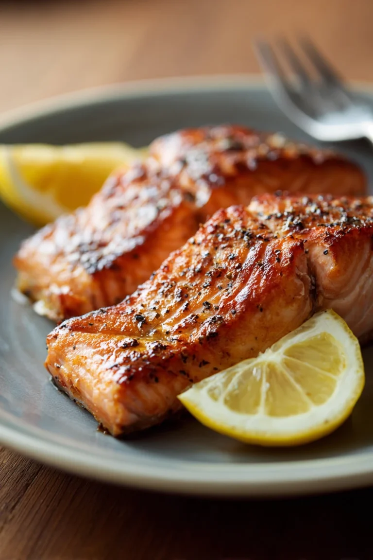 Close-up of pan-fried sockeye salmon with crispy skin and a clean background.