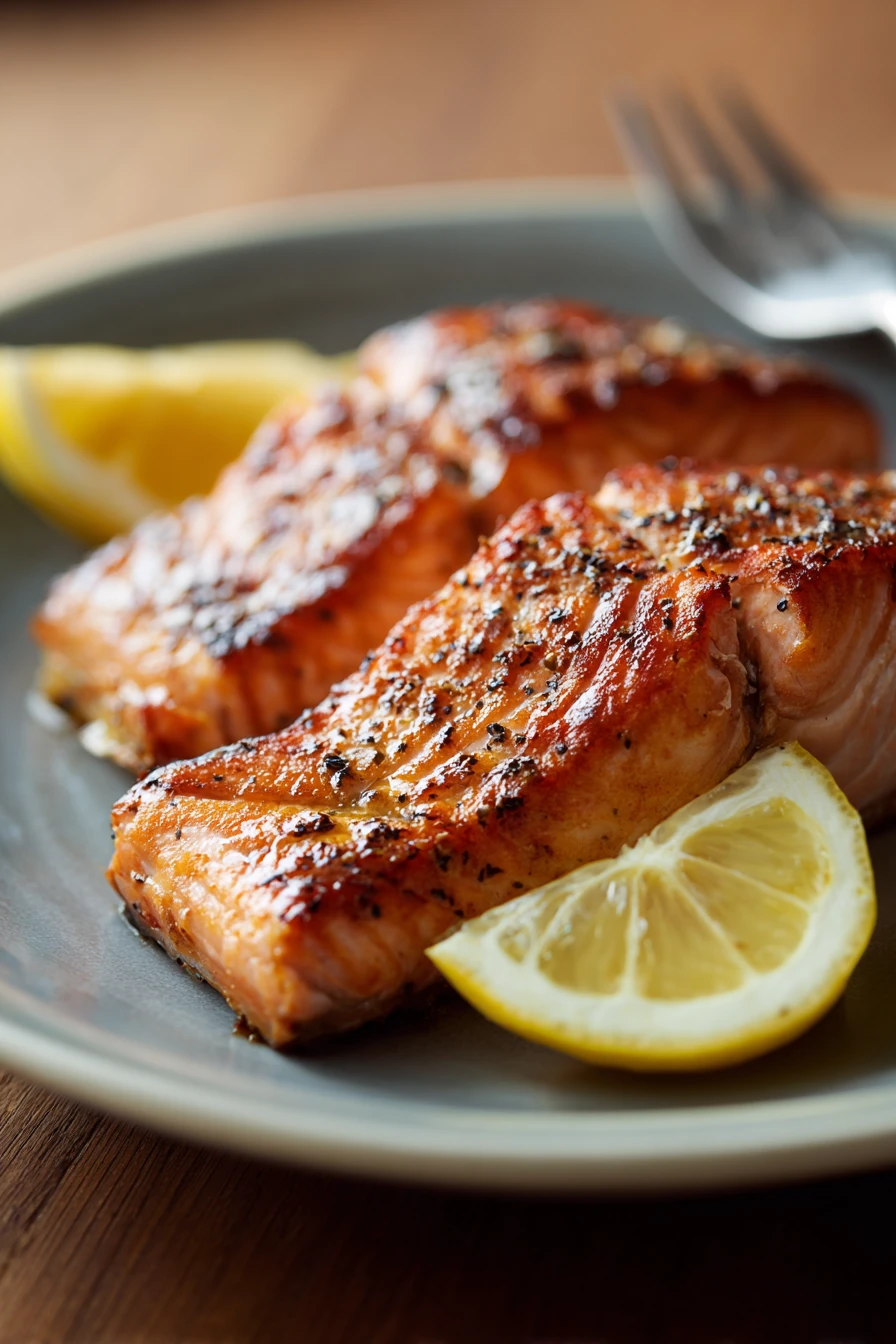 Close-up of pan-fried sockeye salmon with crispy skin and a clean background.
