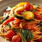 Close-up of a low calorie pasta dinner with creamy sauce and herbs