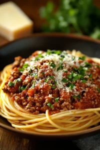 Close-up of a pasta dinner with meat, garnished with herbs, in warm lighting.