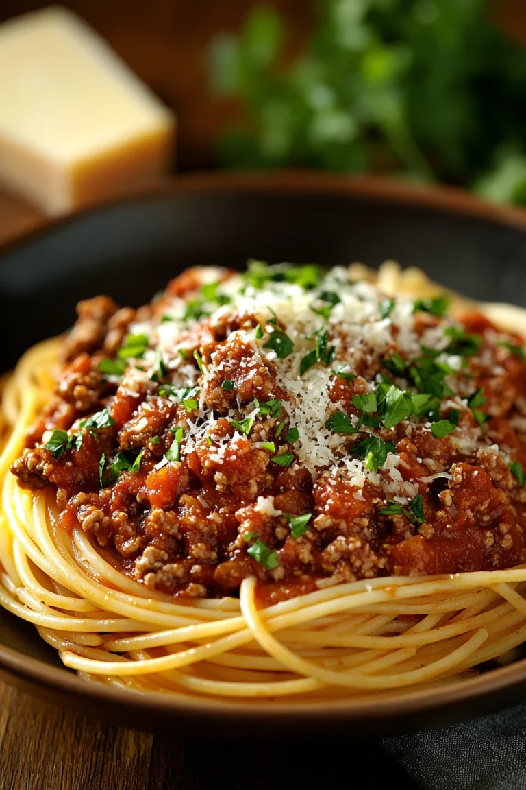 Close-up of a pasta dinner with meat, garnished with herbs, in warm lighting.