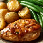 Close-up of peach glazed chicken breast with a glossy finish and warm lighting
