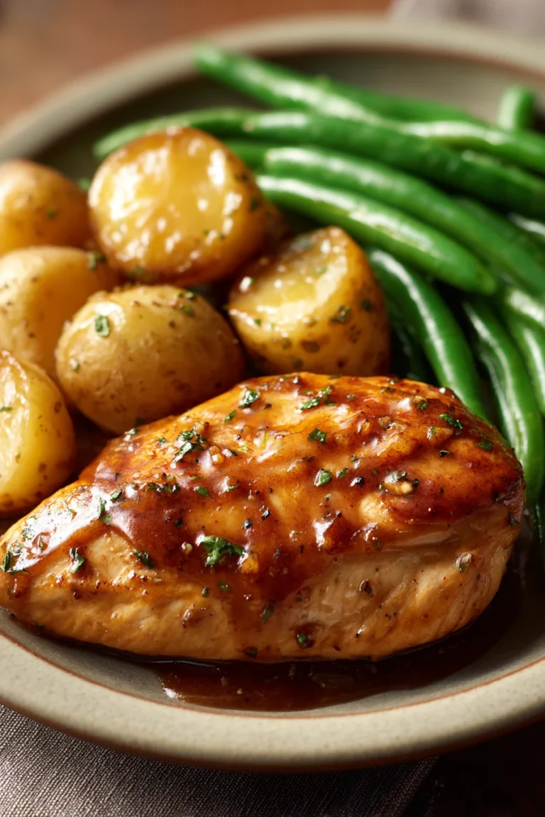 Close-up of peach glazed chicken breast with a glossy finish and warm lighting