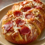 Close-up of pepperoni pizza bread with melted cheese and crispy crust.
