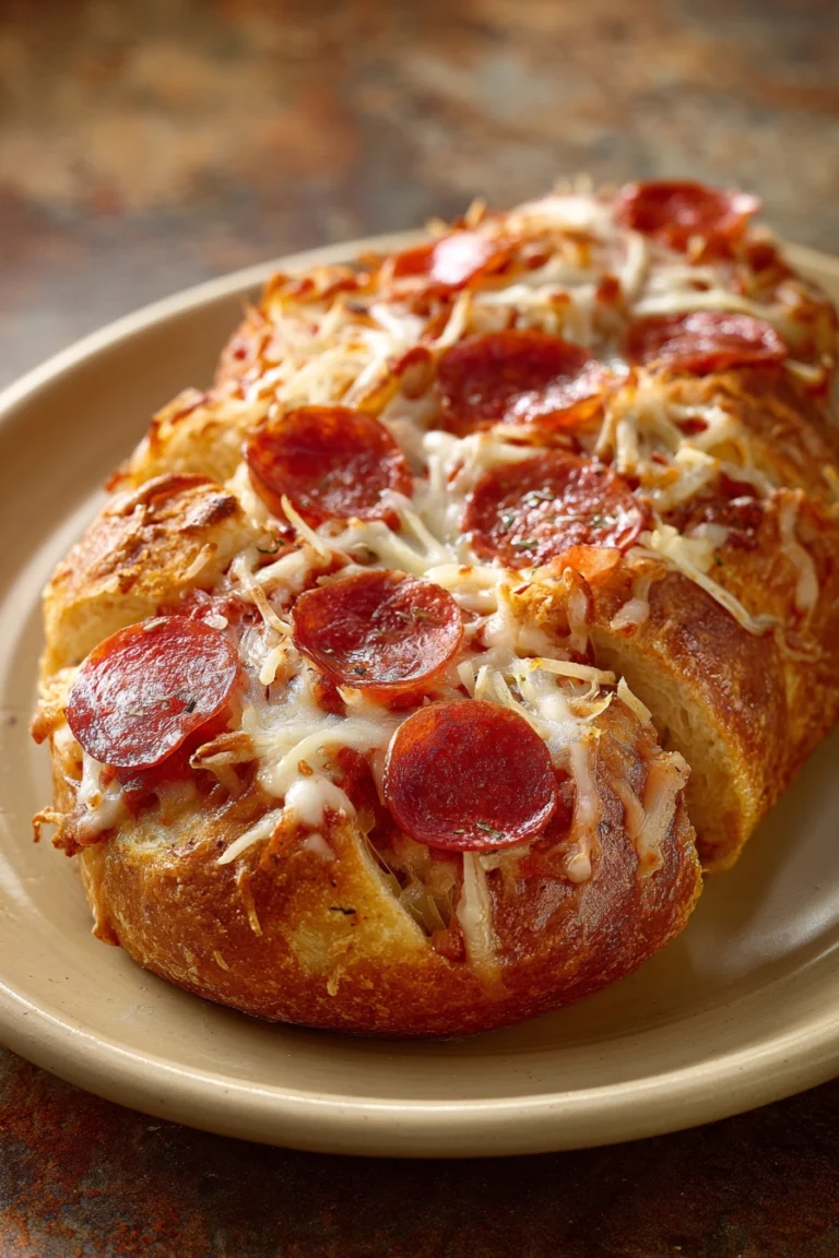 Close-up of pepperoni pizza bread with melted cheese and crispy crust.