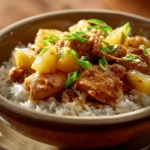 Close-up of Pineapple Chicken and Rice with vibrant colors and clean background