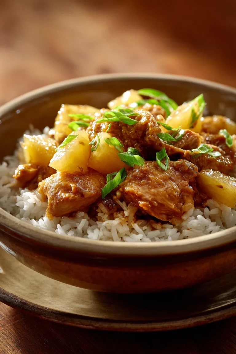 Close-up of Pineapple Chicken and Rice with vibrant colors and clean background