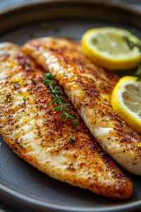 Close-up of posta de tilapia na air fryer with crispy texture and golden brown color