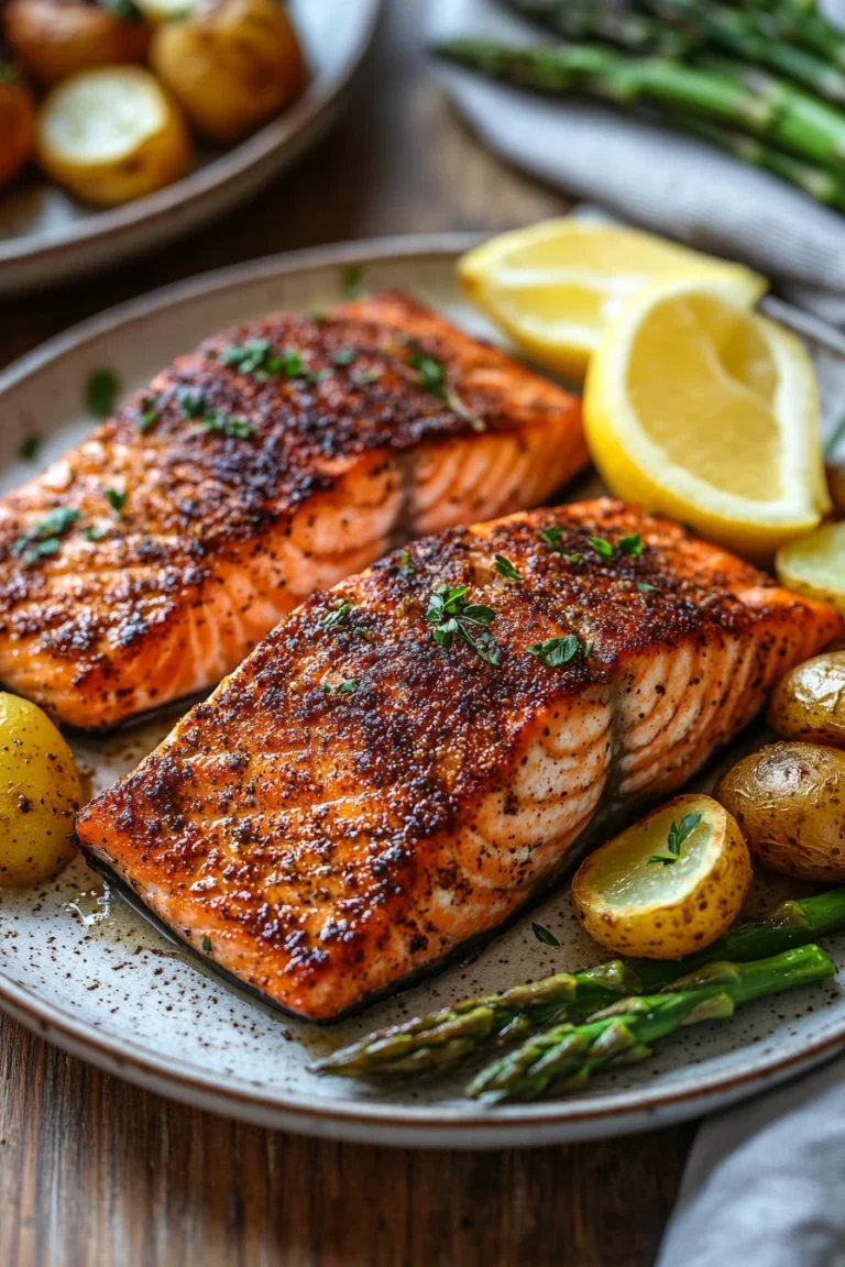 Close-up of a delicious salmon dinner cooked in an air fryer with vegetables.