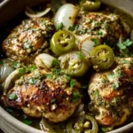 Close-up of Salsa Verde Chicken with creamy sauce and herbs on a white plate.