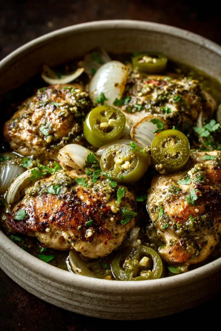 Close-up of Salsa Verde Chicken with creamy sauce and herbs on a white plate.