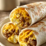 Close-up of sausage egg breakfast roll-ups with a clean background